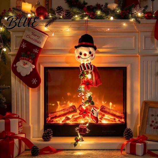 Snowman Wall Hanging Christmas Decor with String Light Glowing Plush Lights Hanging Winter Ornament Top Hat & Striped Scarf