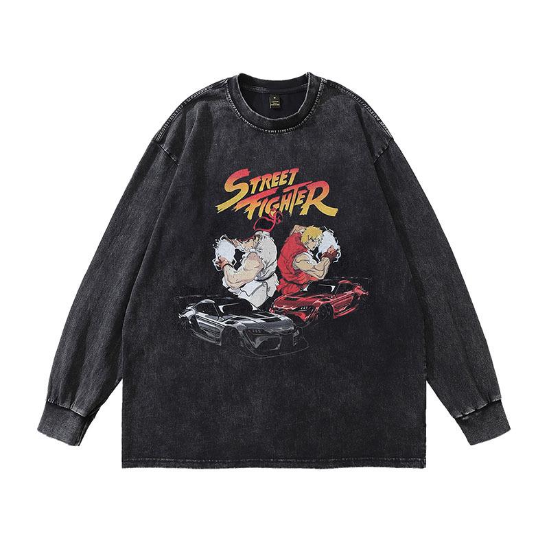 Tide Brand T-Shirt Harajuku Japanese Ukiyo-E Painted Street Retro Tiger Print Washed Old Long-Sleeved T-Shirt For Men And Women