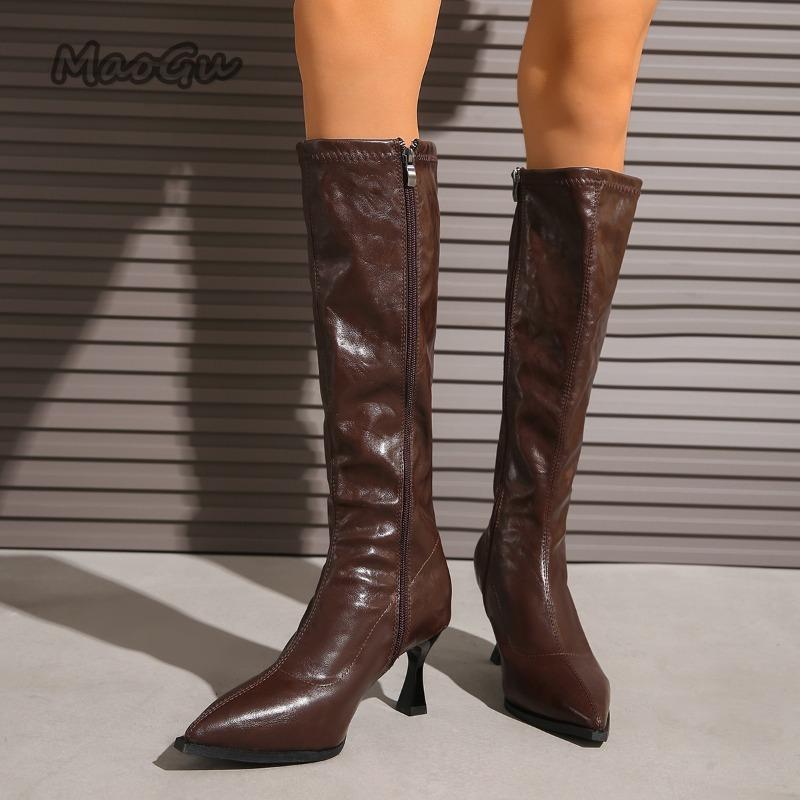 Fashion Size 35 42 Black Brown PU Leather Women's Knee-High Boots Pointed Toe High Heel Modern Boots Side Zipper Botas Largas for Woman