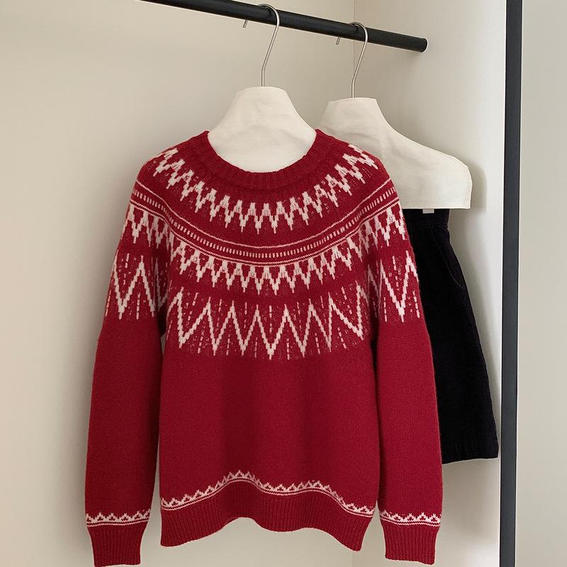 Women's Heavyweight Pure Wool Fair Isle Sweater - Retro, Soft, and Loose Fit for Autumn & Winter