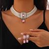 SHIXIN 2Pcs Luxury Multilayer Imitation Pearl Choker Necklace Earrings Bridal Green Rhinestone Neck Chain Wedding Jewelry Set