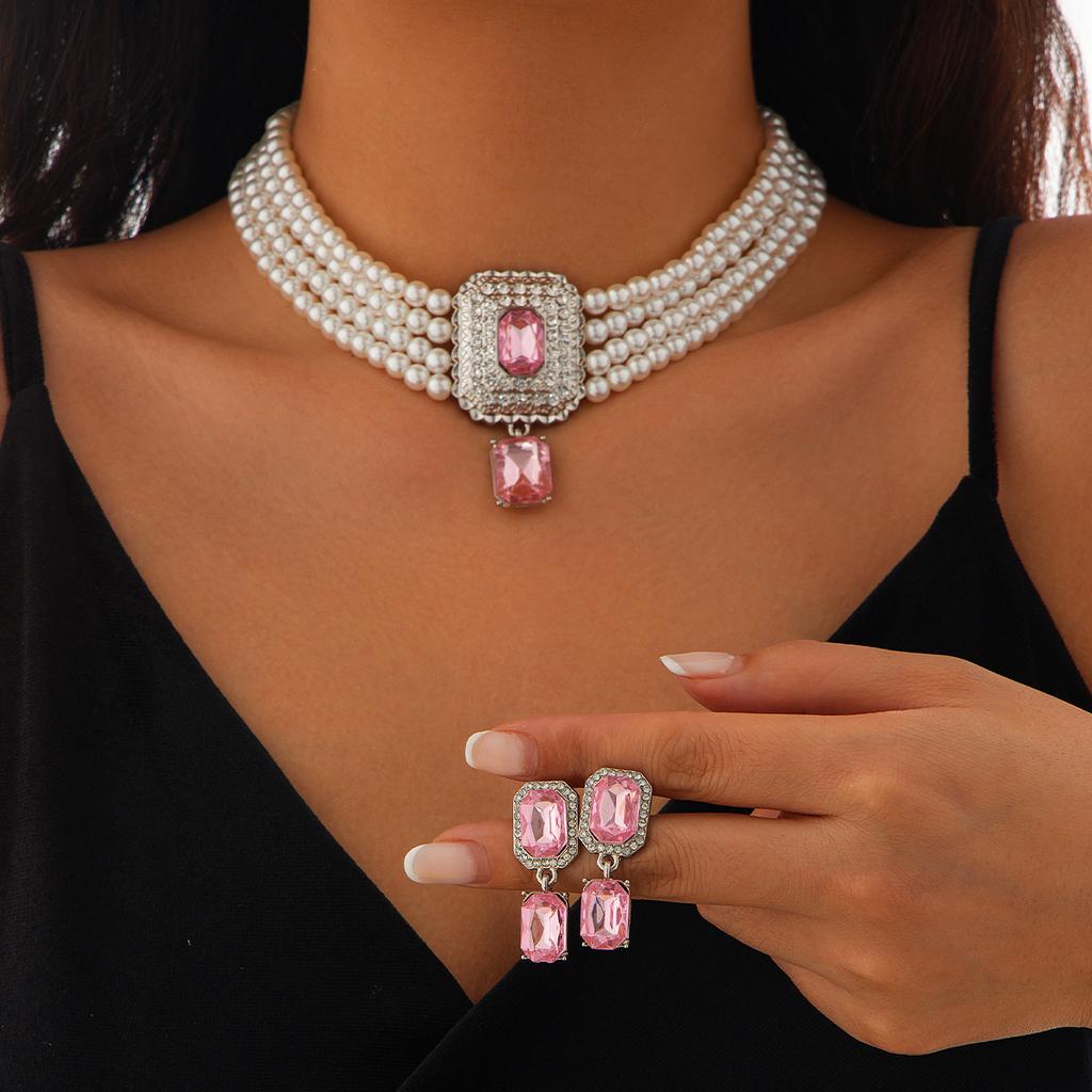 SHIXIN 2Pcs Luxury Multilayer Imitation Pearl Choker Necklace Earrings Bridal Green Rhinestone Neck Chain Wedding Jewelry Set