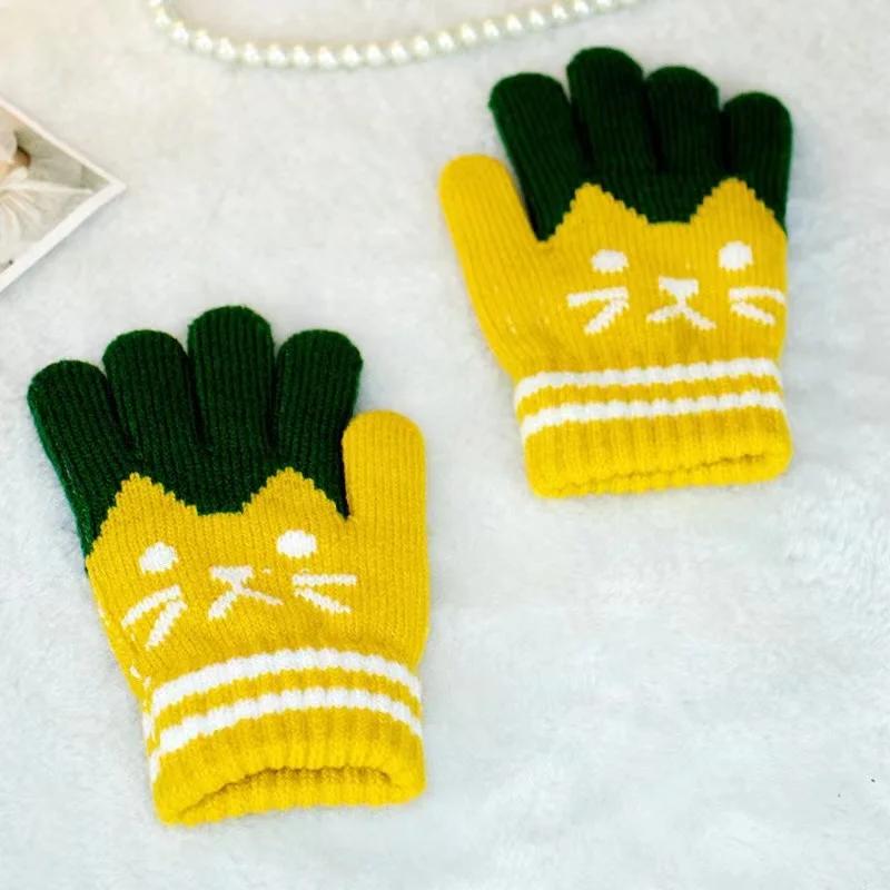 Winter Knitted Children's Gloves 4-10 Years Warm Soft Wool Cartoon Cat Kids Gloves Unisex Boys Girls Full Finger Mittens
