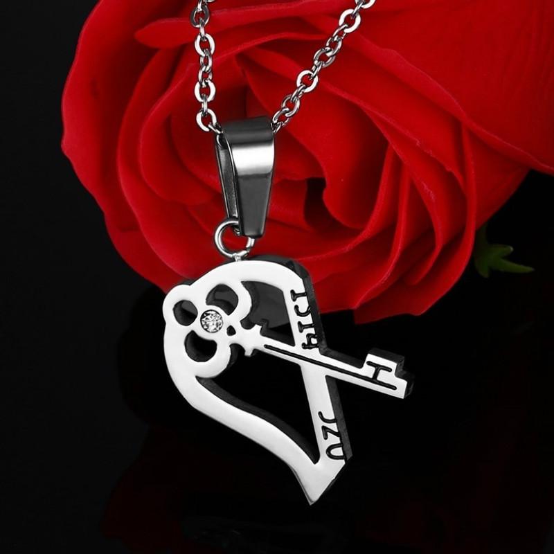 Romantiske Par Hjerte Nøkkel Krystall Anheng Hennes & Hans Kjærlighet Halskjedesett Kjæreste Valentinsdag Rustfritt Stål Kjede