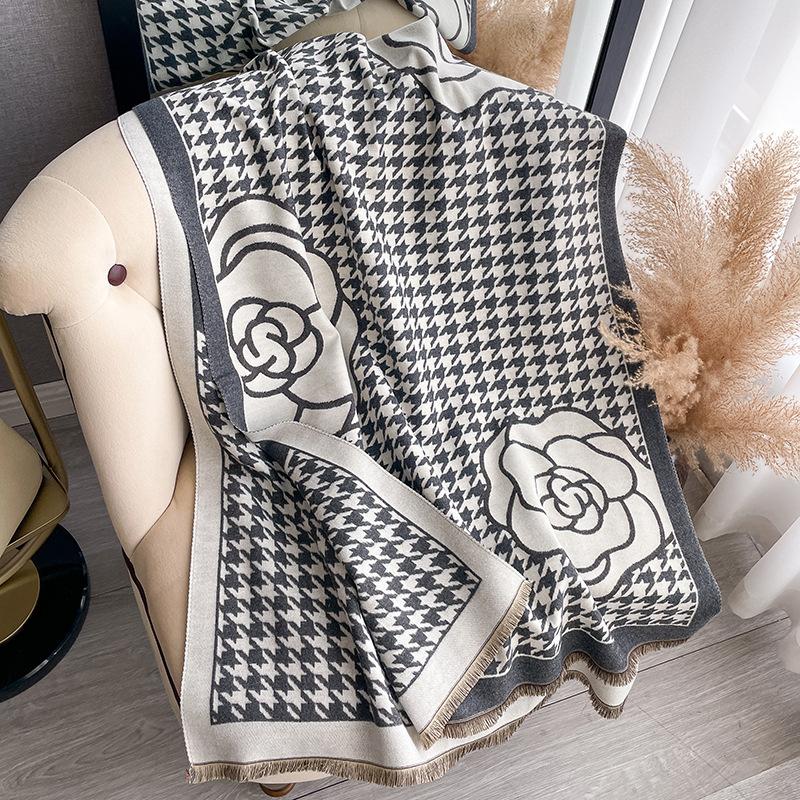Winter Houndstooth Scarf Scarf Scarf Neck Thickened Warm Double-Sided Floral Shawl Scarf