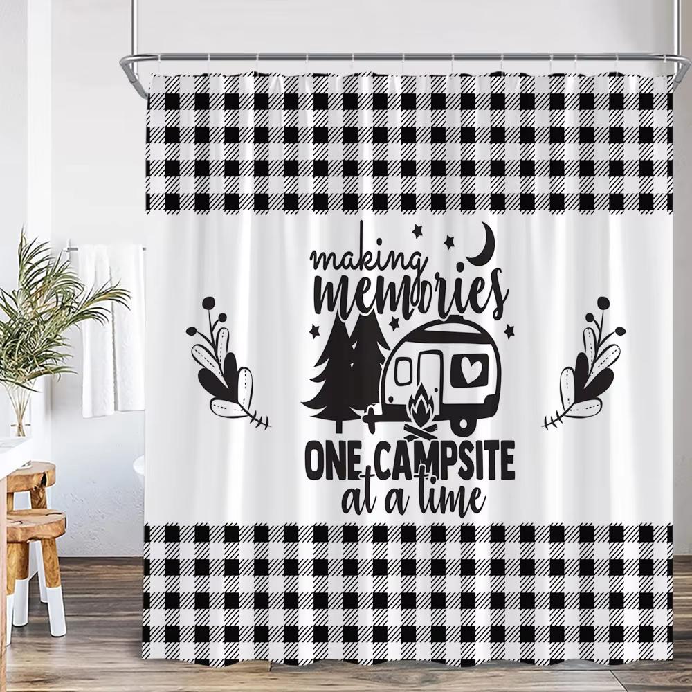 Zasłona prysznicowa do kampera Happy Camper Przyczepa Samochód Kamper Rv Las Góry Namiot Camping Łazienka Zasłona prysznicowa Wodoodporna Zasłona do wanny