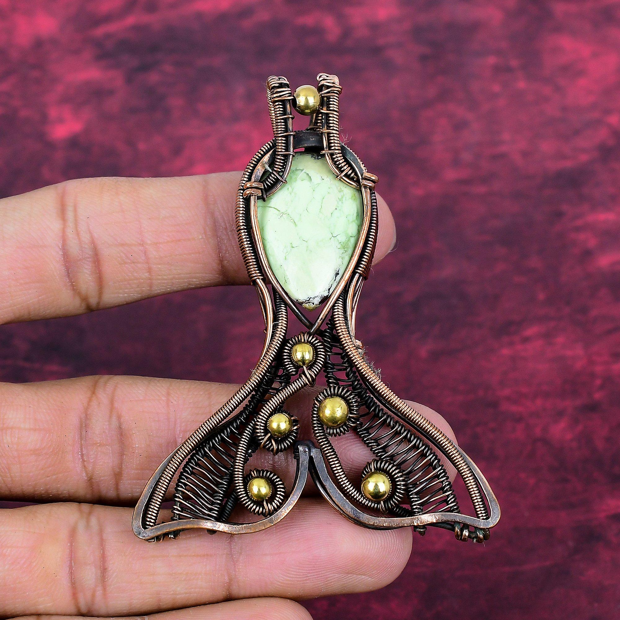 Lemon Chrysoprase Gemstone Pendant Handmade Jewelry Copper Wire Wrapped Fish Pendant