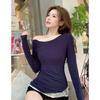 Sexy Lace Splicing Oblique Shoulder Long-sleeved T-shirt for Women In Spring Autumn Sexy Slimming Off-shoulder Top