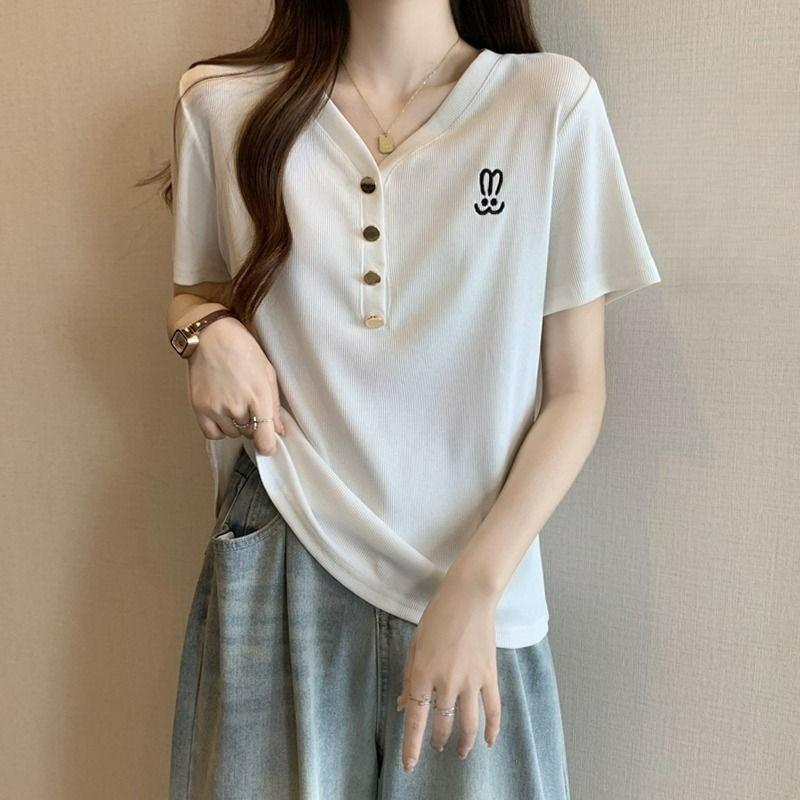 Large size fat V-neck shoulder short-sleeved T-shirt women s summer loose short section was thin and meat-covering top 2XL белый