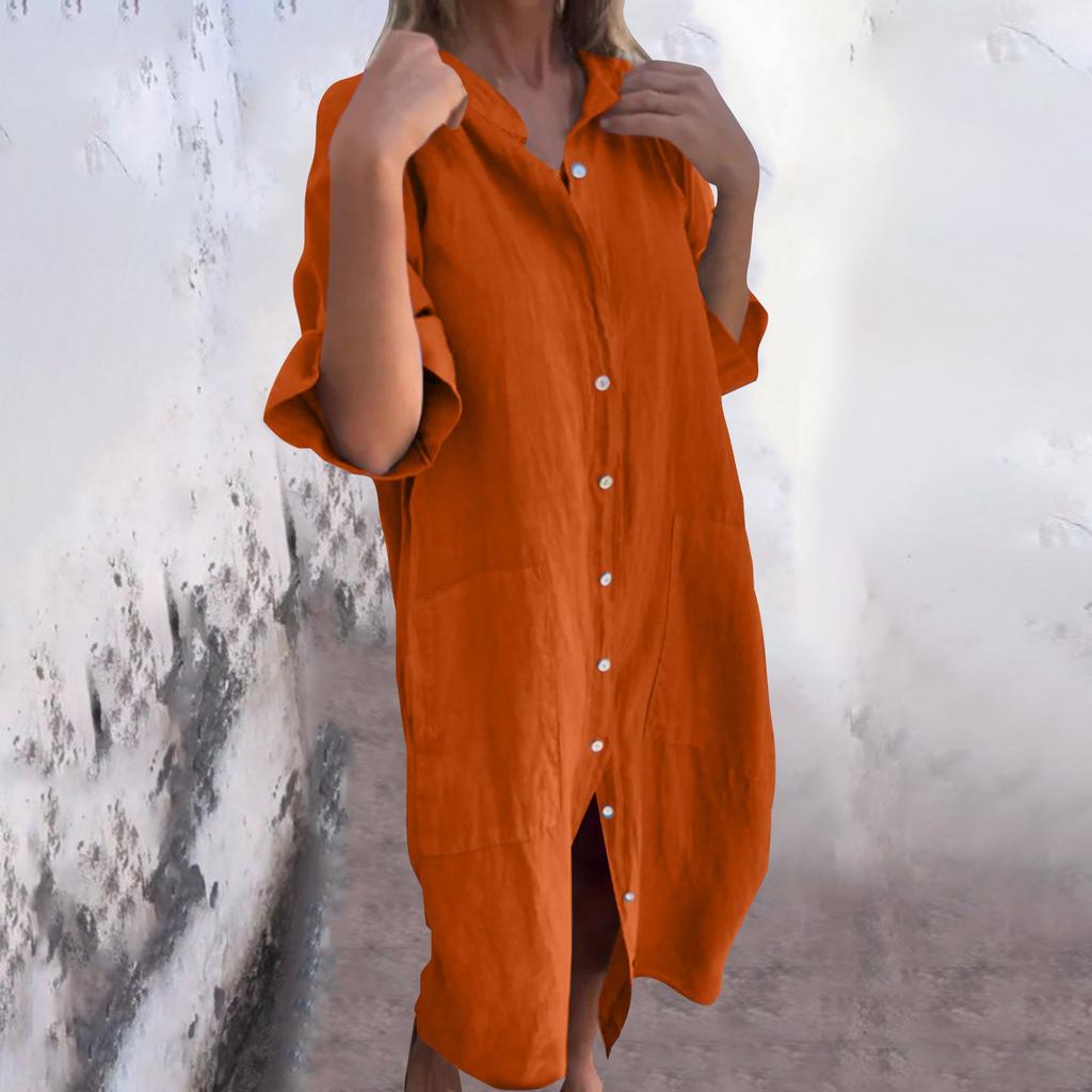Women's Fashion Casual Button Cardigan Cotton And Linen Solid Color Dress With Pockets
