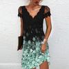 Frauen Drucken V-ausschnitt Spitze Nähte Kurzen ärmeln Kleid Sexy Mode Sommer Plus Größe Casual Kleid