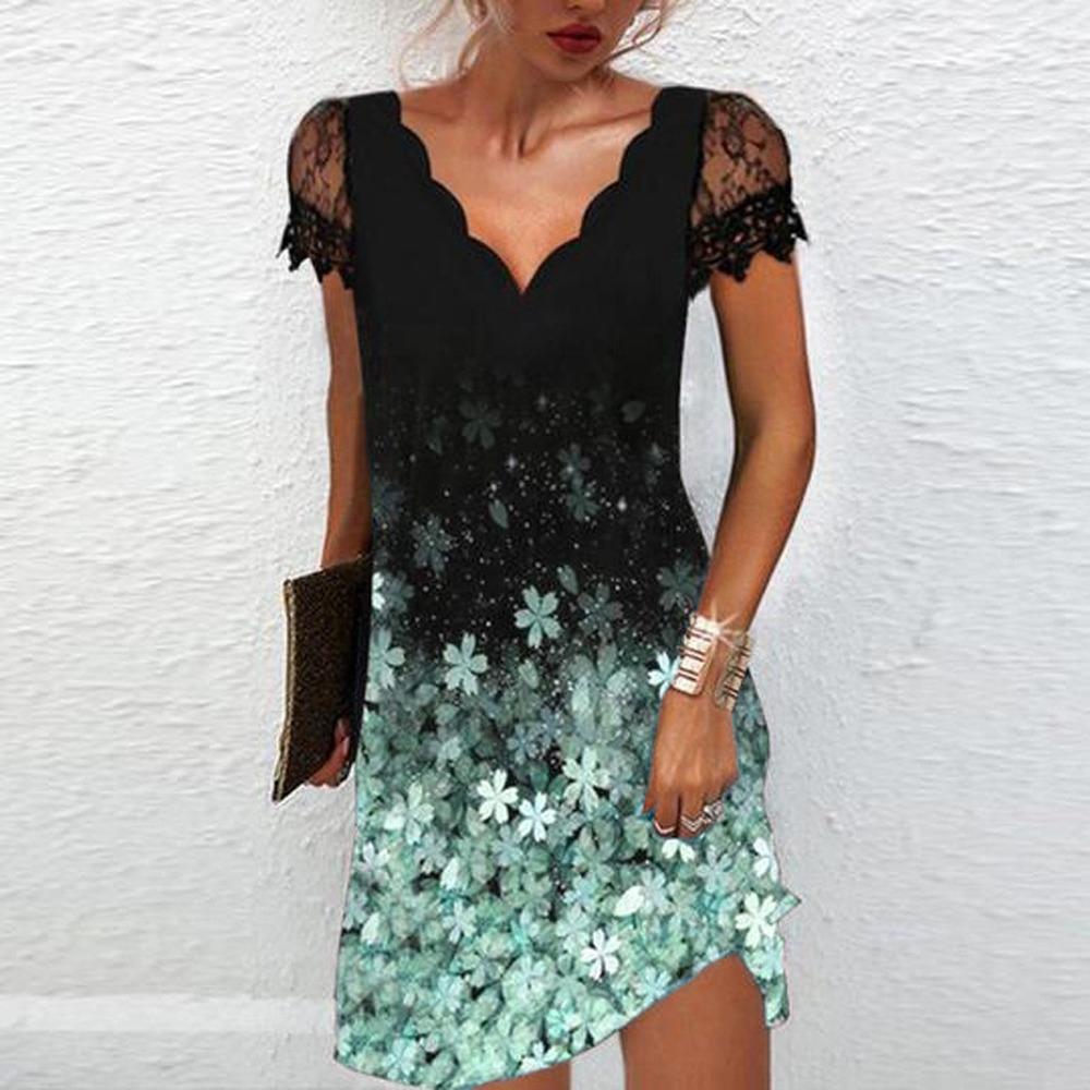 Frauen Drucken V-ausschnitt Spitze Nähte Kurzen ärmeln Kleid Sexy Mode Sommer Plus Größe Casual Kleid