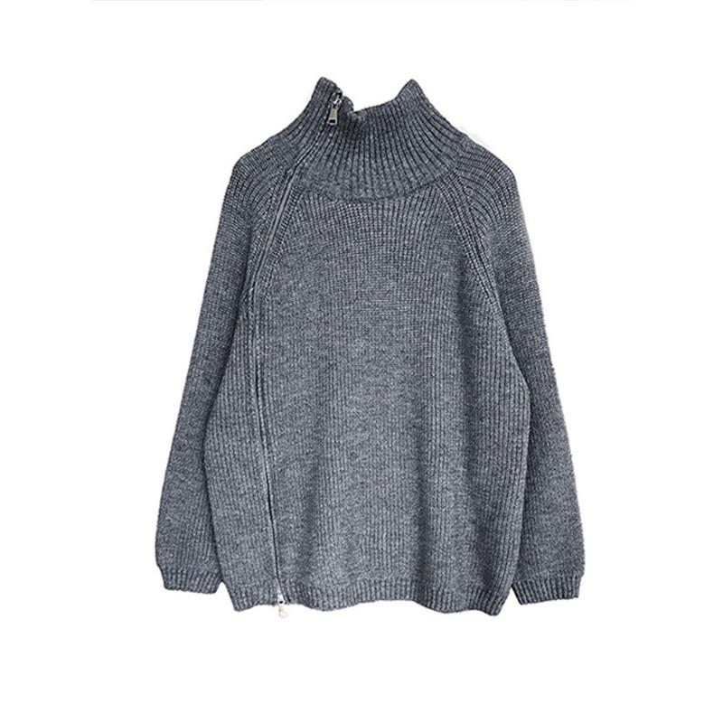 Lazy Style High Neck Zipper Solid Color High-end Knitted Sweater for Outerwear, Loose Long Sleeved Warm Top for Outerwear