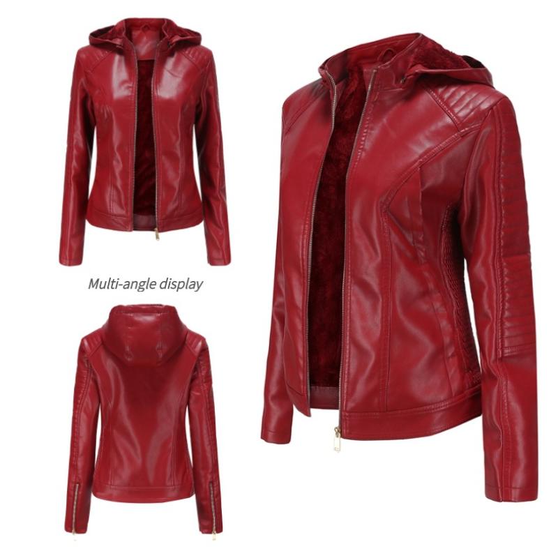 European and American Style Women's Faux Leather Jacket with Fleece Lining, Hooded, Short Length, Warm and Casual Jacket for Autumn and Winter.