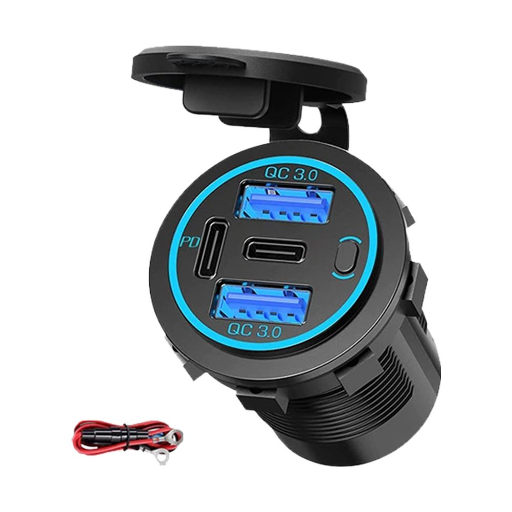 

Four Port USB Charger Socket USB-C PD & Dual QC 3.0 For Car Motorcycle With Voltmeter And Power Switch Car Charger