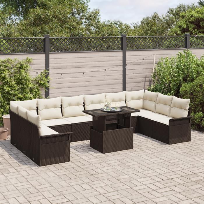 VidaXL Ensemble de canapé de jardin 11 pièces avec coussins Marron Polyrotin 3348354