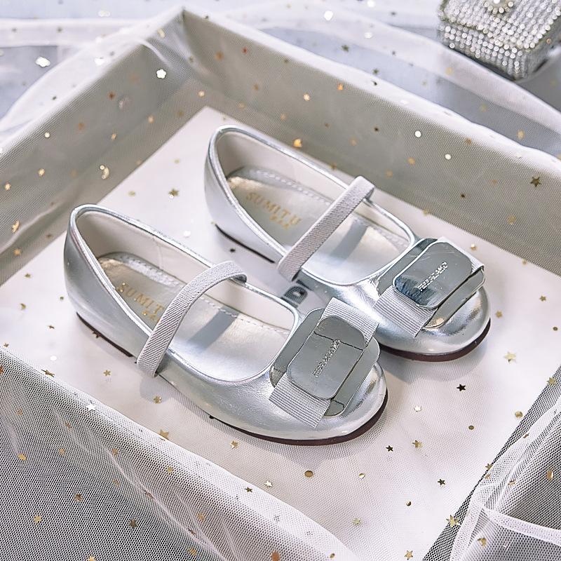 Girls princess shoes 2025 spring new silver show wedding soft sole with dress girls leather shoes children's single shoes