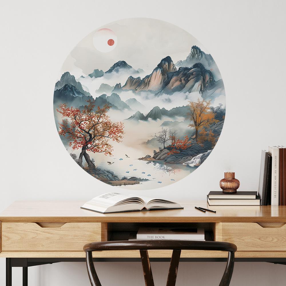 Minimalist Mountain Water Painting Wall Sticker Self-Adhesive for Bedroom Study Tea Room Home Background Decoration