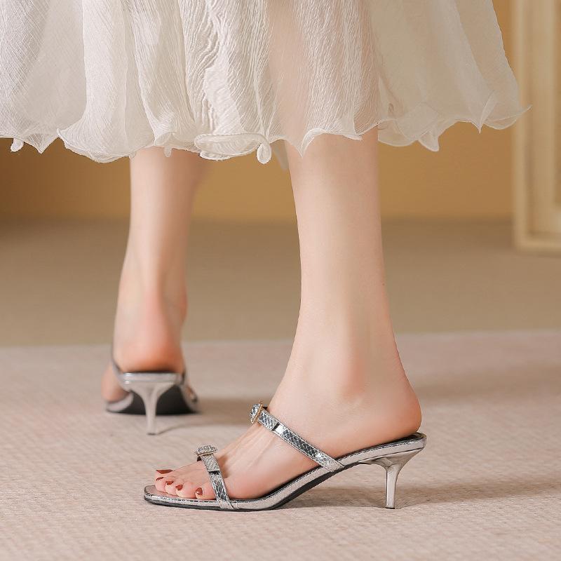 Fashion sexy ladies narrow band high heels summer slides shoes woman crystal buckle silver leather sandalias mujer metal heel flip flops