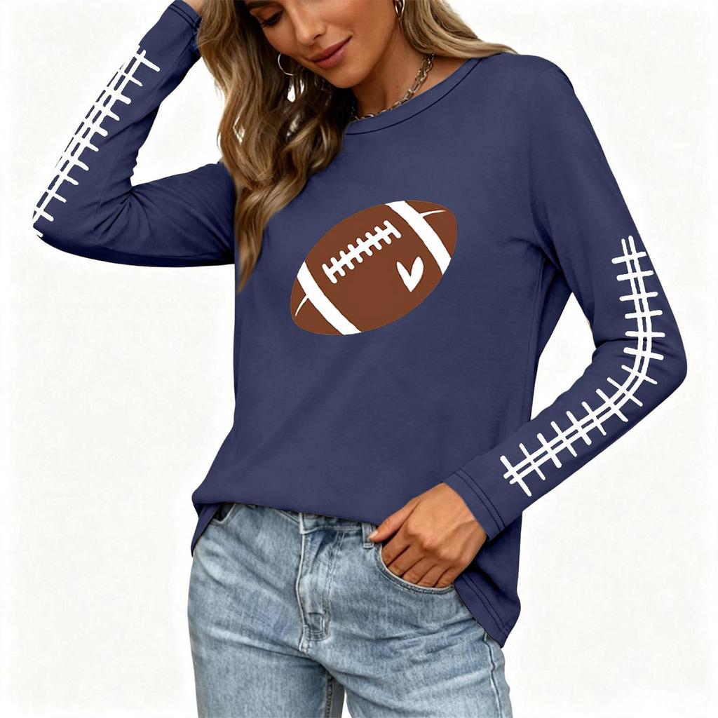 Women's Long Sleeve Neck Top with Rugby Print and Side Slit Hem
