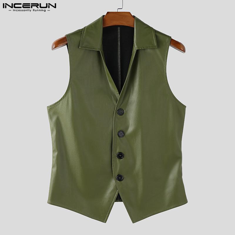 INCERUN Men Lapel Sleeveless PU Faux Leather Casual Irrgular Vest Waistcoat