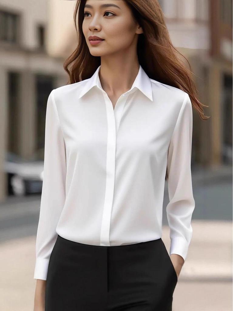 2025 Unifarbene Satin-Revers-Langarm-Damenbluse