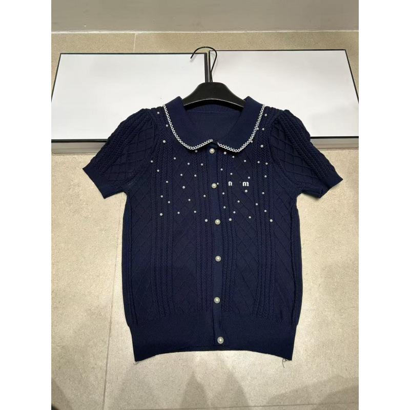 Miu Style Beaded Lapel Knit Top - Short Sleeve, Casual & Age-Reducing, 2026 Summer Collection