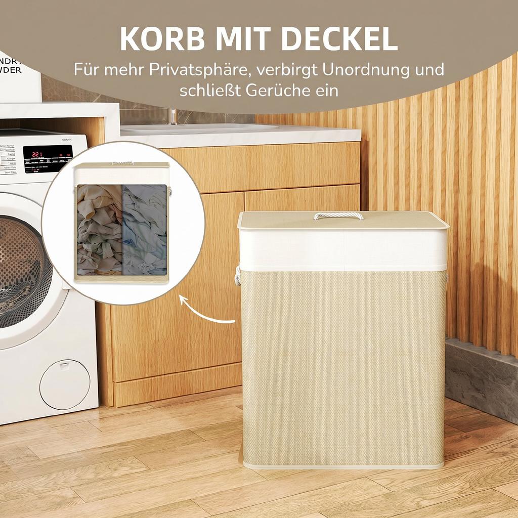 2 Section Laundry Basket with Lid, 100L Bamboo Laundry Hamper with Handles, Removable and Washable Liner, Cream White