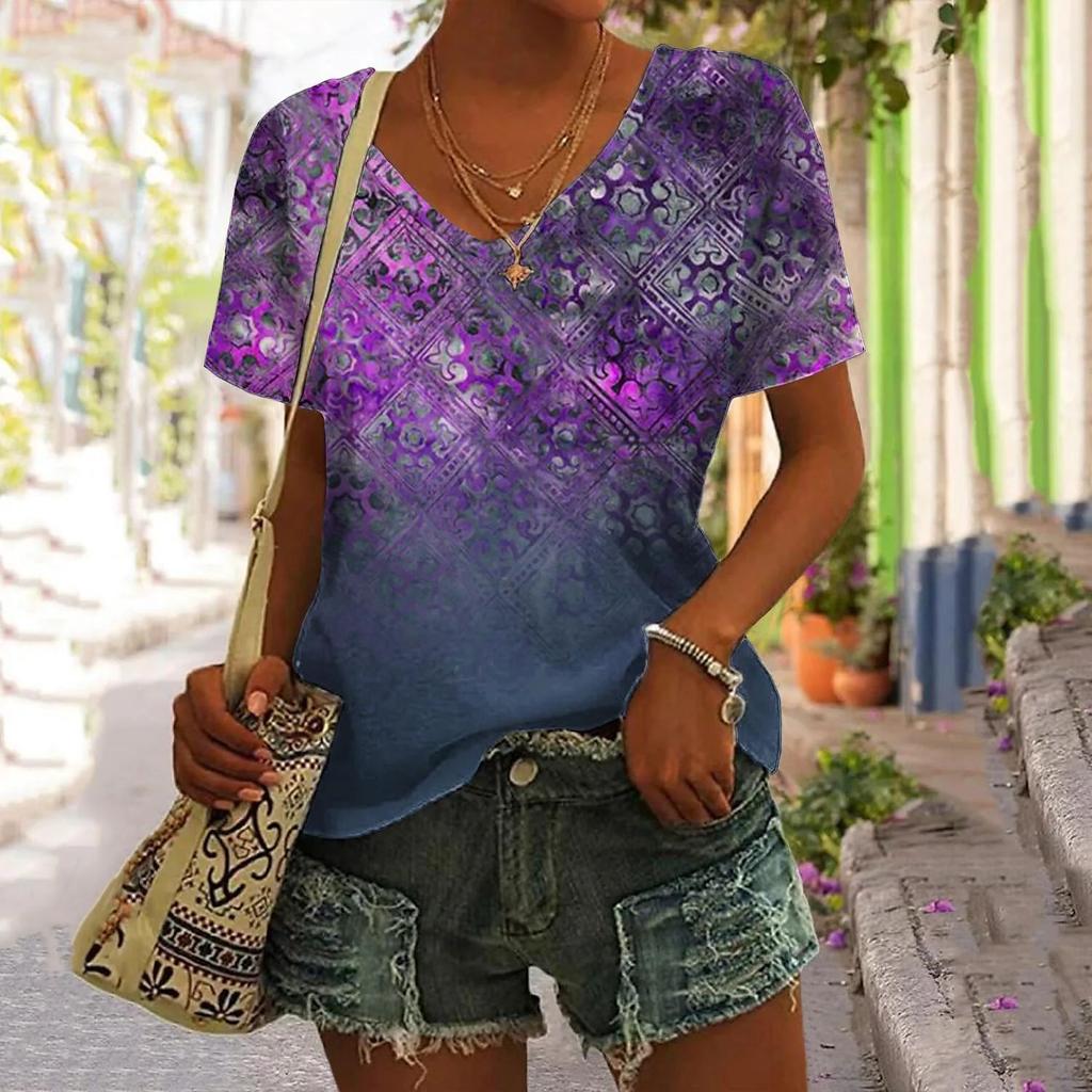 Summer New Women T Shirt 3d Flower Print V-neck Short Sleeve Blouse Fashion Plus Size T-shirts For Women Clothing Y2k Female Tee