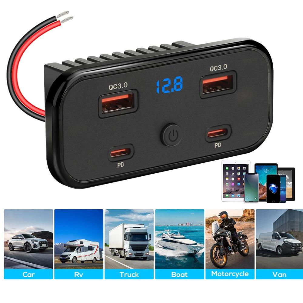 4/6 Ports 112W Dual 18W USB-A 30W PD3.0 QC3.0 Car Charger Outlet ast Charging Power Adapter with Voltmeter Switch for 12V/24V for Car RV Truck Boat