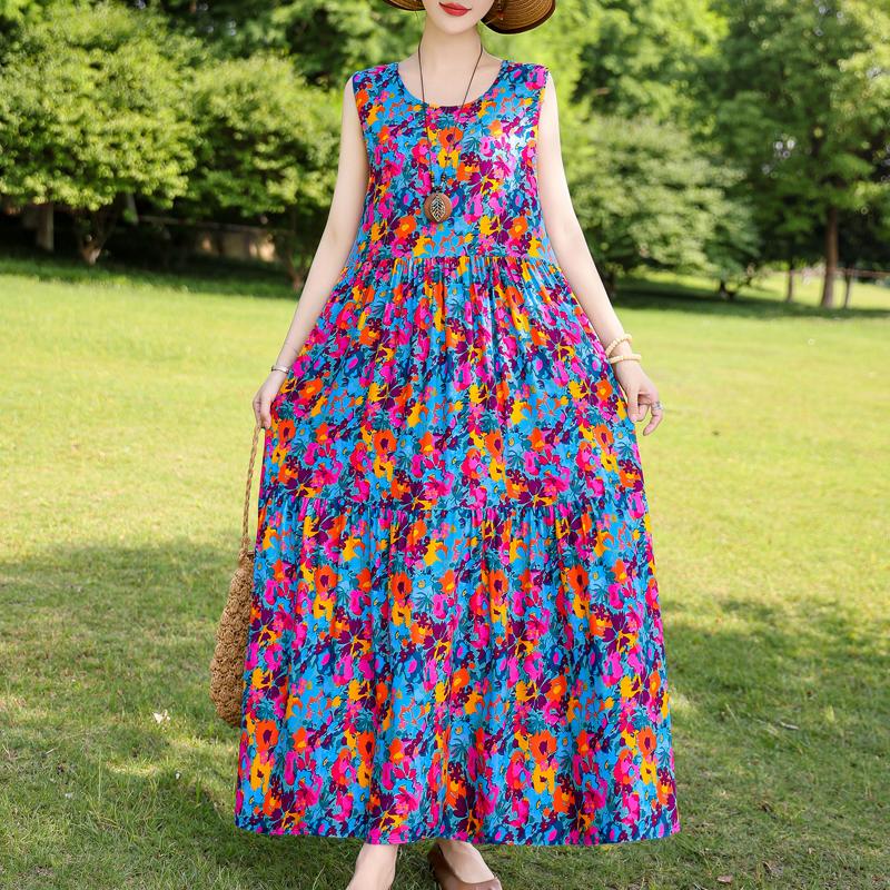 Elegant Sleeveless Dress for Women Plus Size Short Sleeve Vintage Print Long Dress Summer Casual Middle-aged Women's Clothing