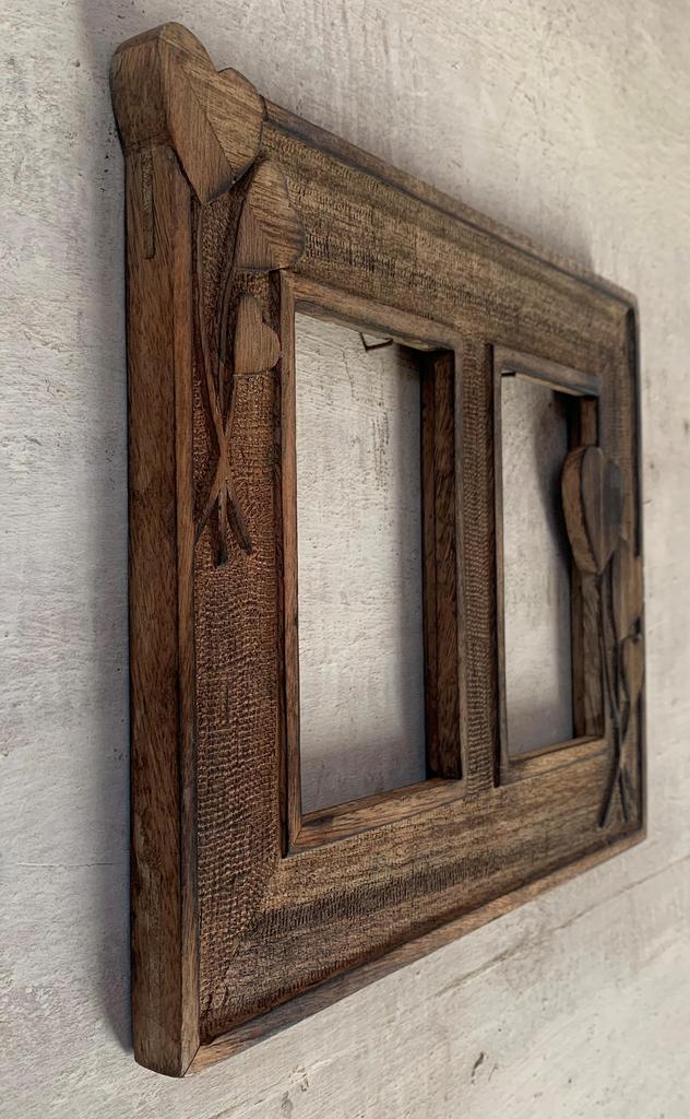 Rustic Wooden Double Photo Frame Carved Hearts | Romantic Wall Decor