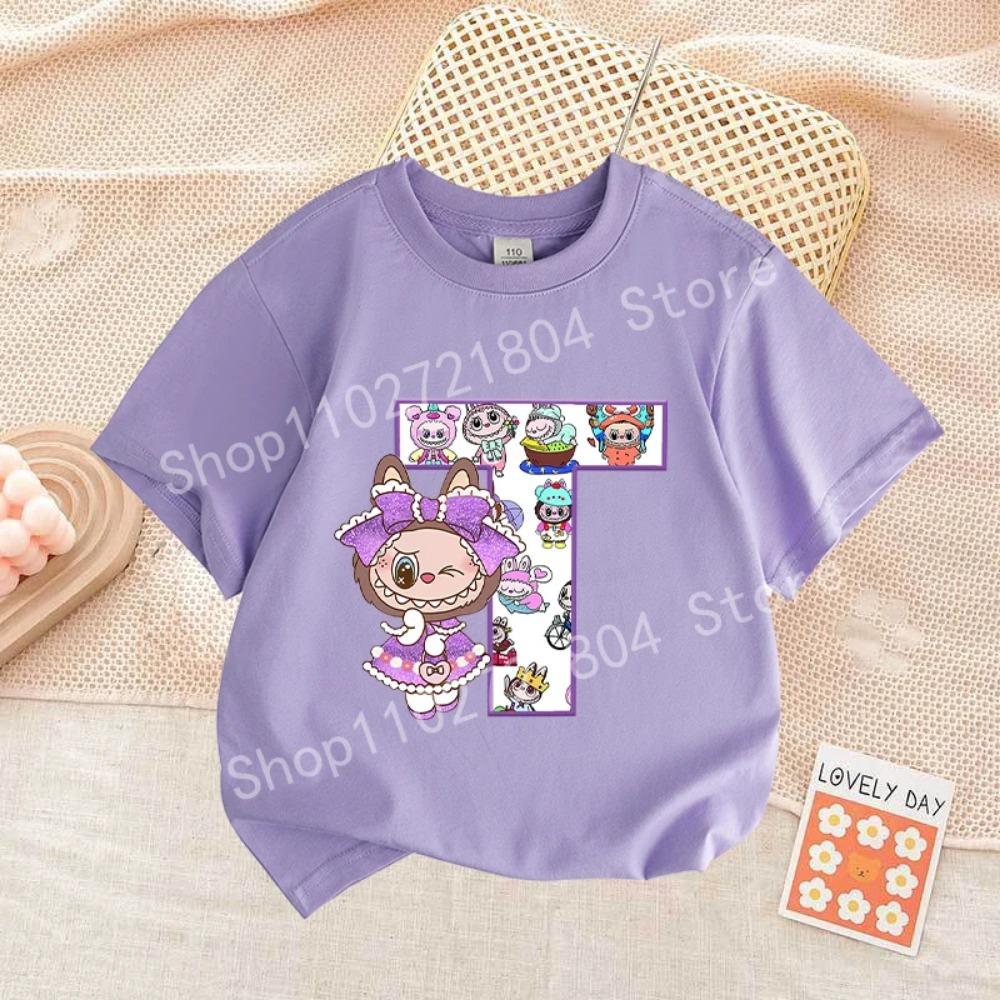 

Милая футболка с принтом букв Labubued, хлопок, лето, уличная одежда, короткий рукав, одежда для девочек, топ, мультяшная детская одежда, для малышей 160