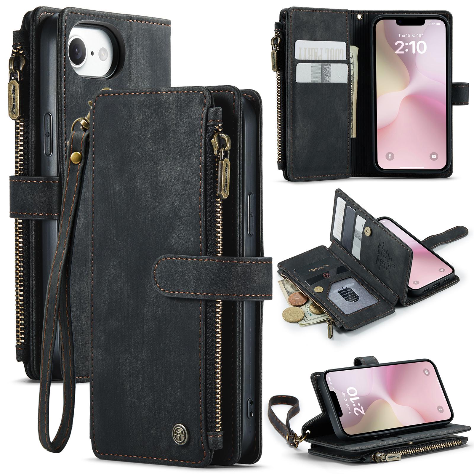 

For iPhone 16e Phone Cases with Strap CASEME C30 Zipper Multiple Card Holder PU Leather Cover Black