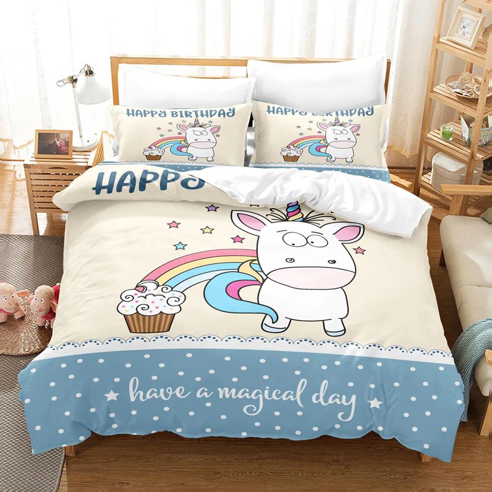 Comforter Sets Kid Bedroom Comforter Set Single Size Pink Unicorn Cartoon S Happy Birthday Kids Bedding Comfortable