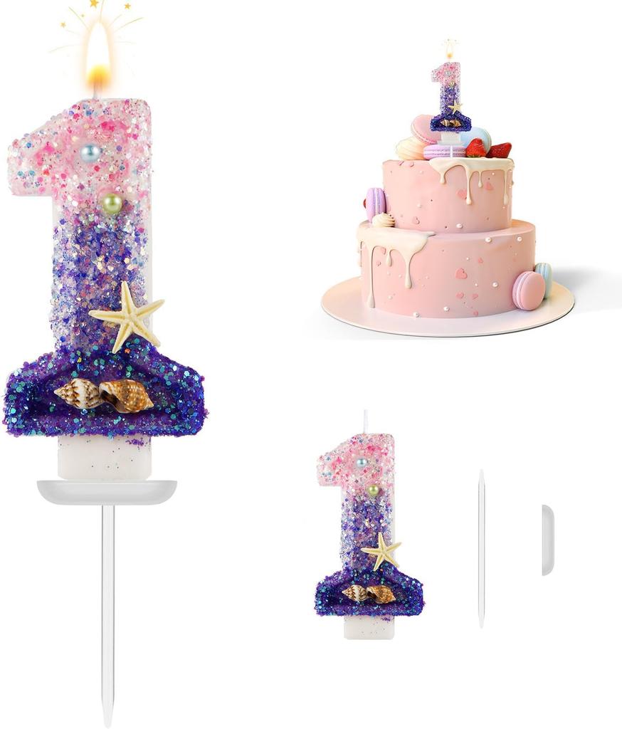 Birthday Number 1 Candles, Mermaid Theme Birthday Candles for Cake, Pink Purple Numeral Candle Cake Topper with Sequins
