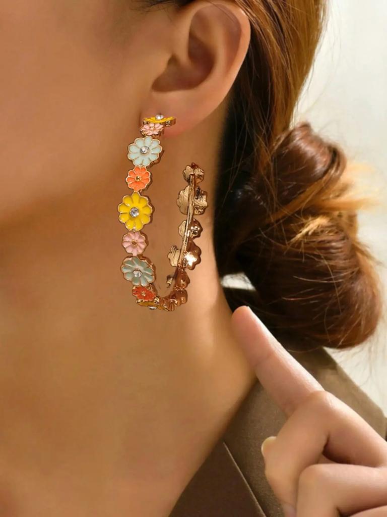 Fashion Floral Design Resin Druzy Hoop Earrings, Cute Women’s Earrings – Natural Craft Variations May Apply