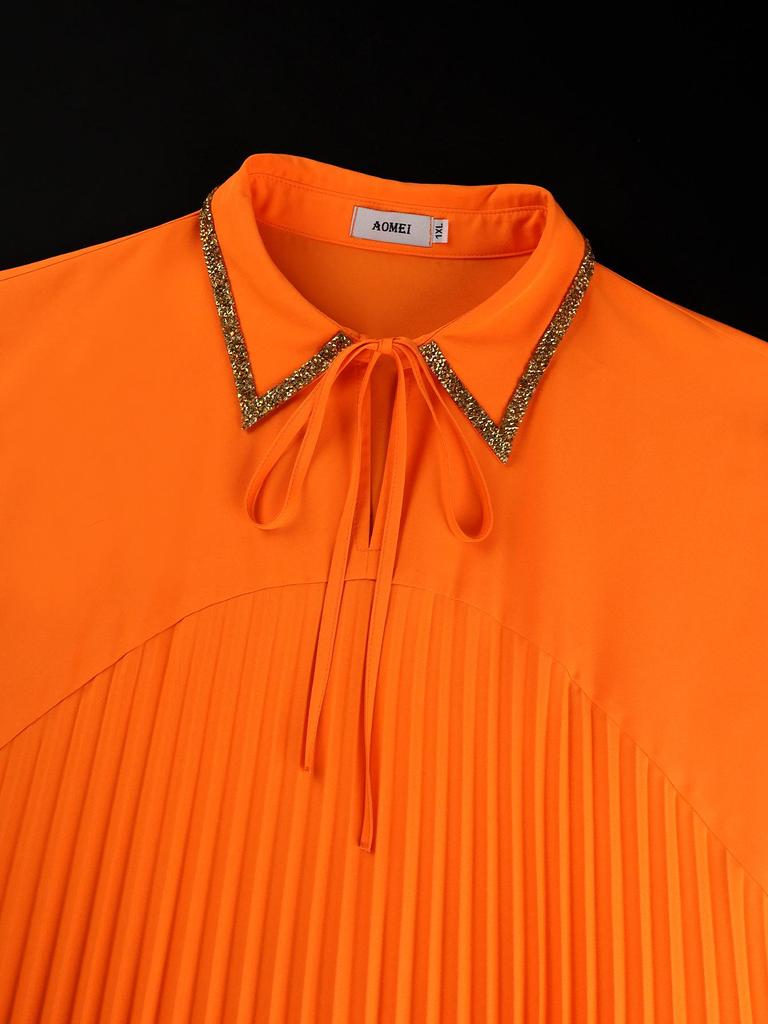 Plus Size Women's Orange Pleated Lapel Dress - Loose, Slimming, Long, Casual Skirt