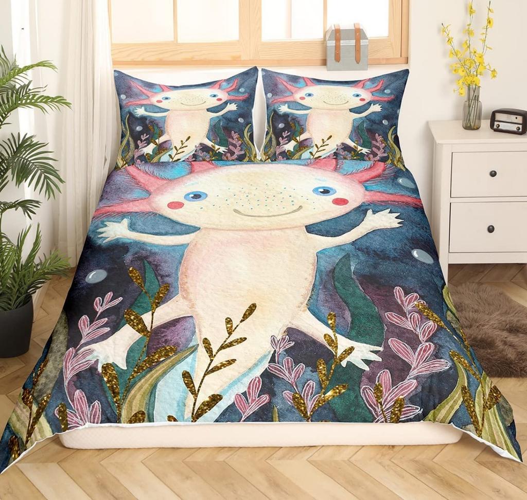 Cartoon Pink Axolotl Floral Duvet Cover King Size 3D Cute Salamander Bedding Set Suitable For Boys Girls Room Decoration 3 Pcs