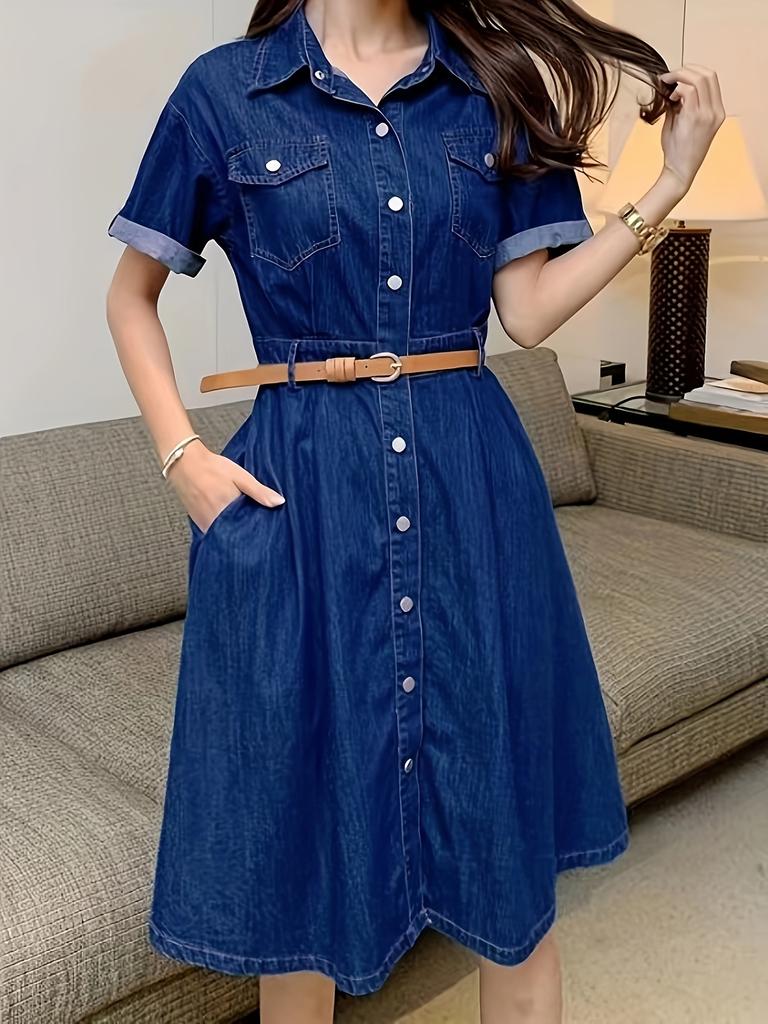 Womens Fitted Single-Breasted Short Sleeve Solid Color Denim Dress with  Belt - Classic Lapel Non-Stretch, Woven Fabric, Casual Style for  Spring/Summer Buy cheaply on Joom