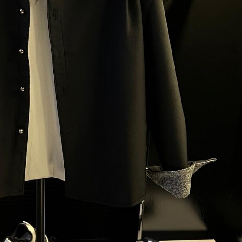 Men's Contrast Color Collar Long Sleeve Shirt Black Casual Loose Button Down Shirt Fashion Streetwear Top