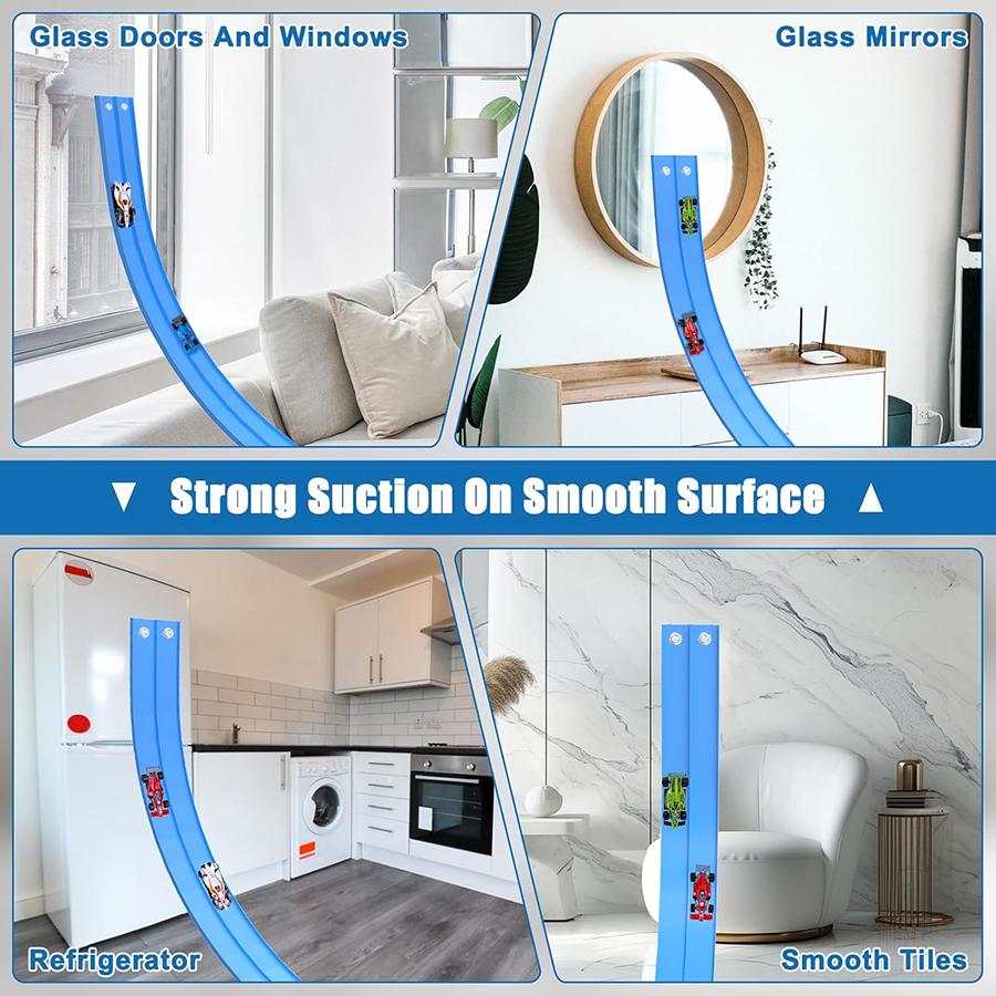 Plastikowy elastyczny tor wyścigowy Ra dla dzieci z 12 przyssawkami i 4 żółtymi uszczelkami Kompatybilny z 4 metalowymi pojazdami odlewanymi 1:64 Samochody