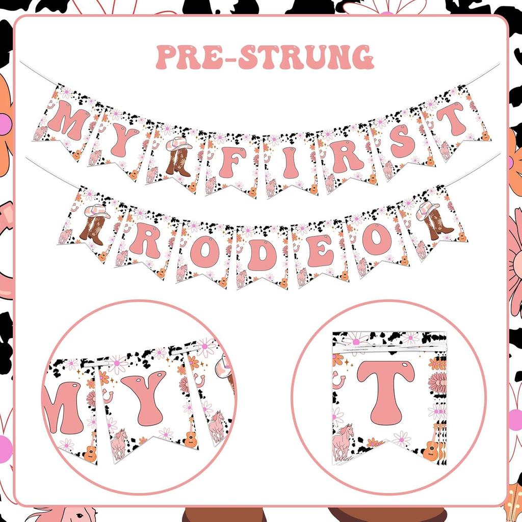 My First Rodeo 1st Birthday Banner, Western Cowgirl Theme, Pink Daisy Flower, Cardstock Banner for 1 Year Old Girl's Birthday Party Decorations