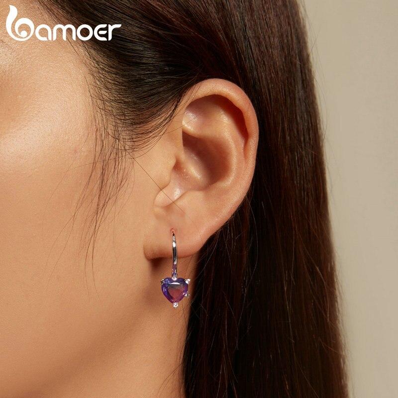 BAMOER 925 Sterling Silver Blue and Purple Gradual Changing Glass Heart Hoop Earrings for Women Sweet Romantic Jewelry