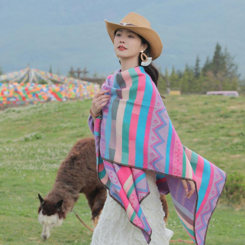 Spring Autumn New Artistic Retro Ethnic Style Waist Shawl Women's Fashion Warm Geometric Puzzle Split Scarf