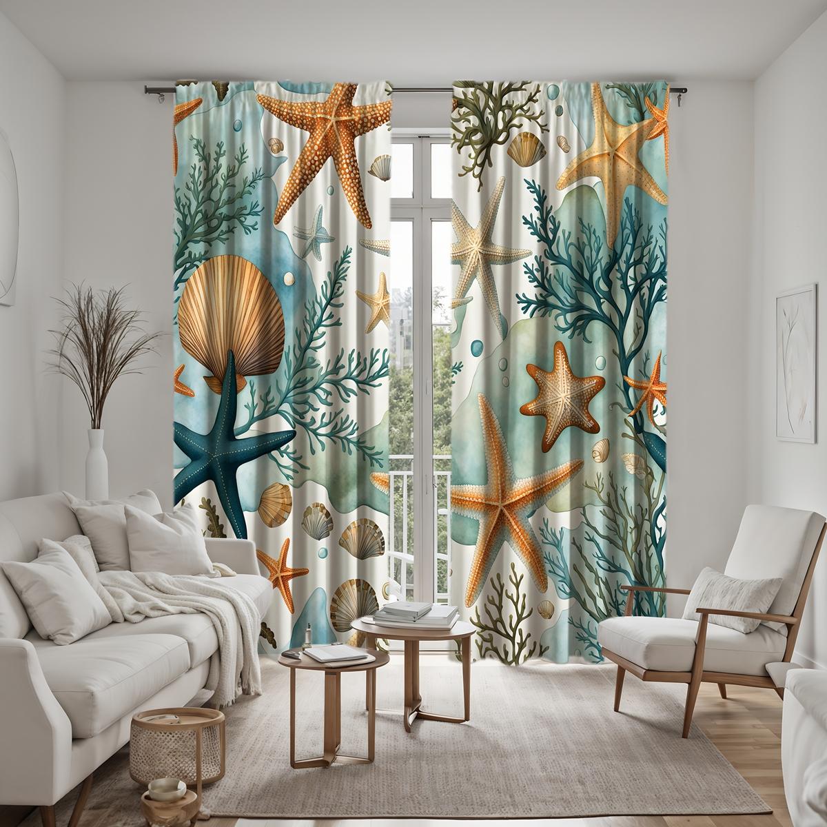 

2 шт. в комплекте HD пляжная ракушка морская звезда декоративная занавеска зеленая завязка цифровая печать занавеска украшение дома стиль украшение гостиная W52H63inchW132H160cm