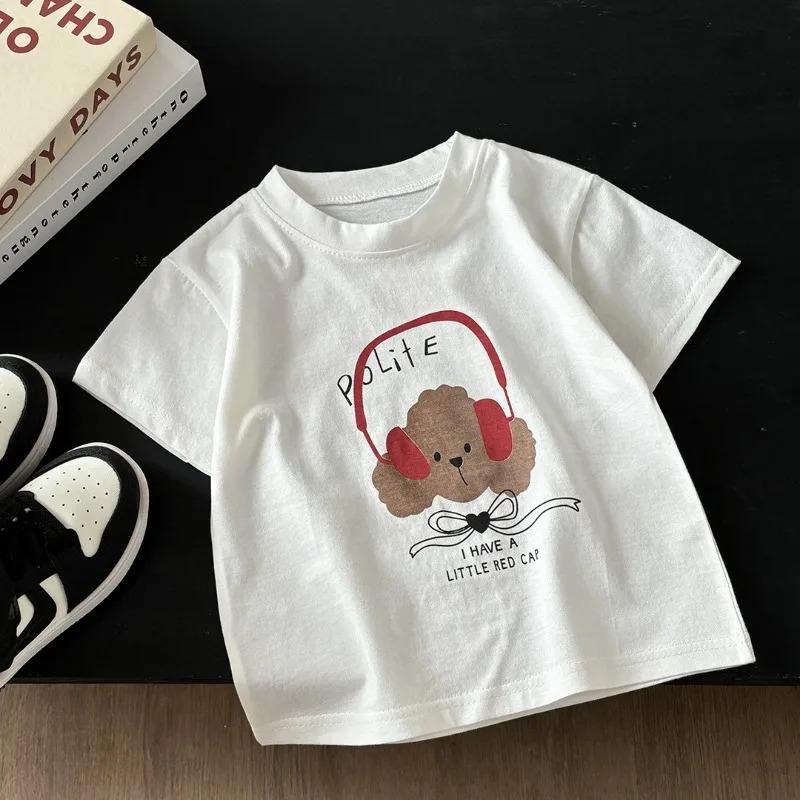 2026 Summer Children Cotton Short Sleeve Tee Cute Cartoon Print Crew Neck Soft Tops For Baby Toddler Boys Girls Kids Wear