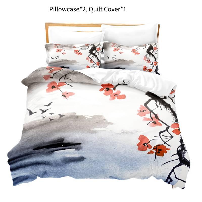 New Cross-border Chinese Style Ink Painting Digital Printing Flannel Bedding Set