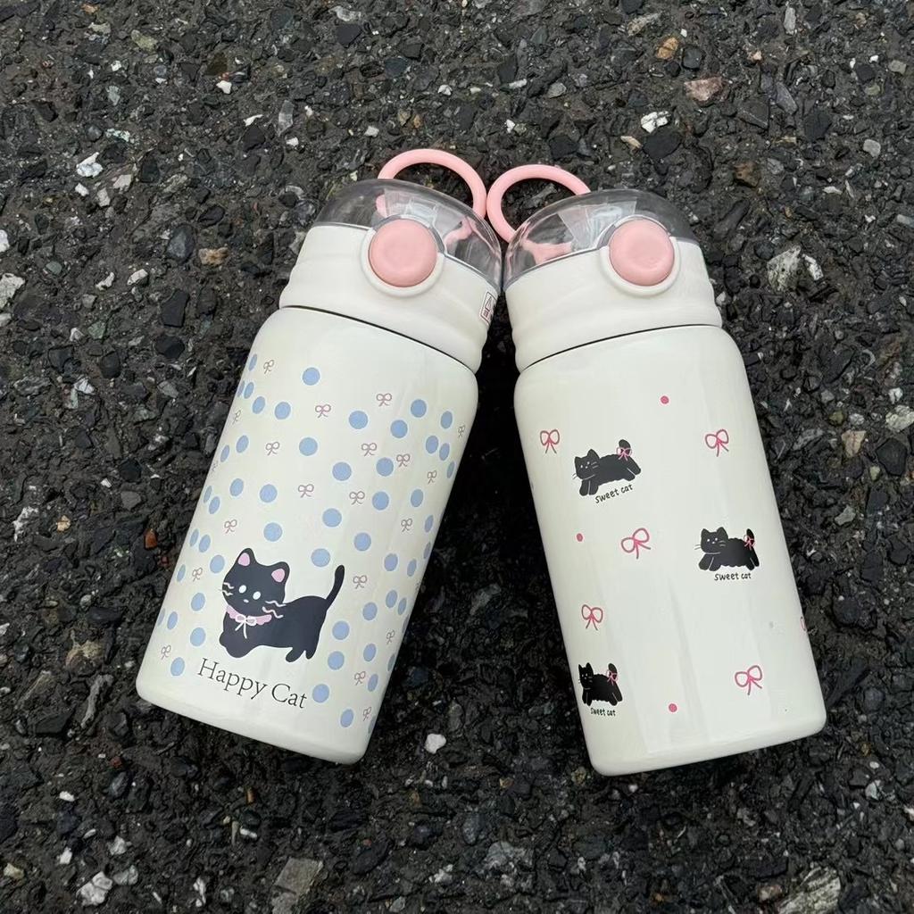 500ml ladies' cute cat pattern insulated cup 316 stainless steel insulated cup  stainless steel water bottle with straw