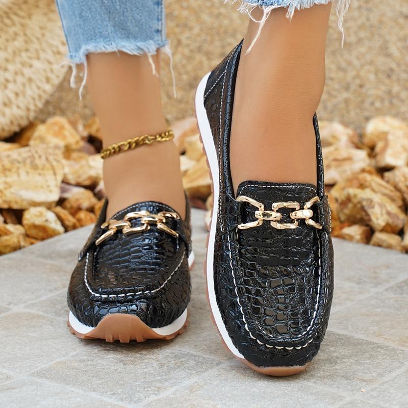 Metal Chain Decor Flat Pumps for Women Pu Leather Black Platform Loafers 2025 Summer Plus Size Thick Sole Non Slip Uniform Shoes